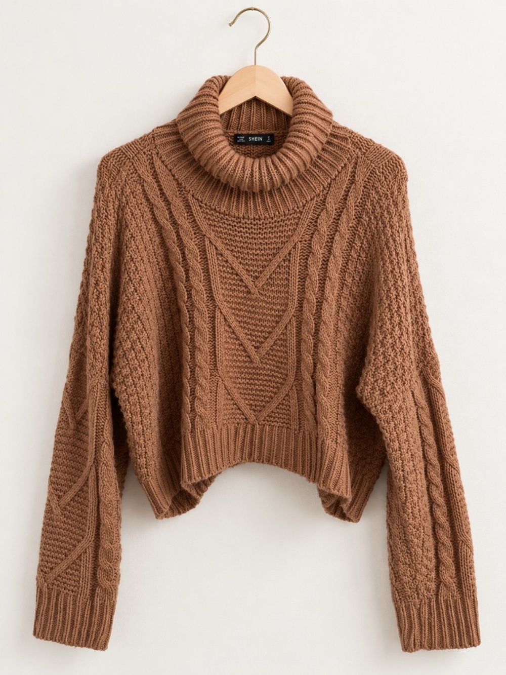 SHEIN Burnt Orange Cable Knit Turtleneck Cropped Sweater S